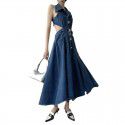 Denim Blue Hollow Open Waist Dress Women's Spring/Summer Slim Fit Side Waist High Split Style Dress