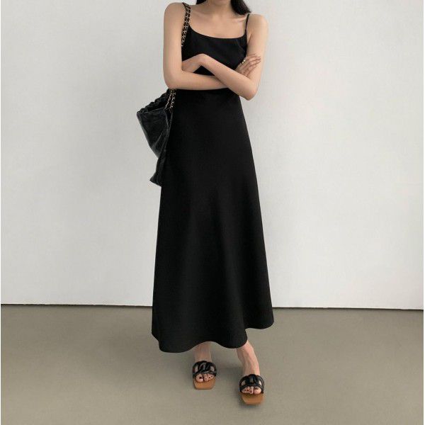 Black French suspender dress for women's new minimalist style diagonal cut long skirt