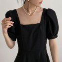 Black Dress Women's Summer New French Vintage Style Square Neck Waist Long Hepburn Style Small Black Dress