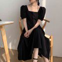 Black Dress Women's Summer New French Vintage Style Square Neck Waist Long Hepburn Style Small Black Dress