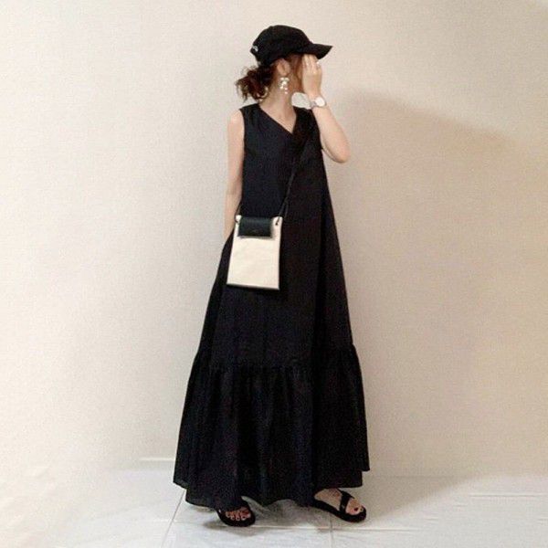 Japanese Summer New Big Swing Loose Sleeveless Skirt Slim Panel Skirt Mid length Dress