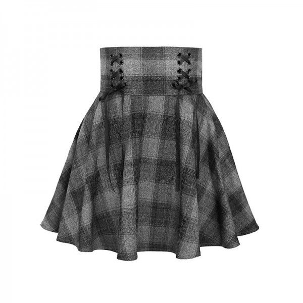 Dark Black Autumn Dress New Girls' Feeling Dark Grey Plaid High Waist Lace up Big Swing Half Skirt Short Skirt Trendy Girl