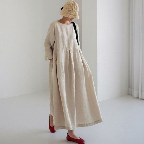 Loose oversized dress for women, Japanese Korean version cotton linen style round neck pullover, solid color over knee length skirt, large swing skirt