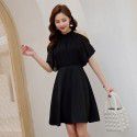 French Elegant Little Black Dress Small Sexy Ruffle Shawl Slim Fit Black Hanging Neck Dress