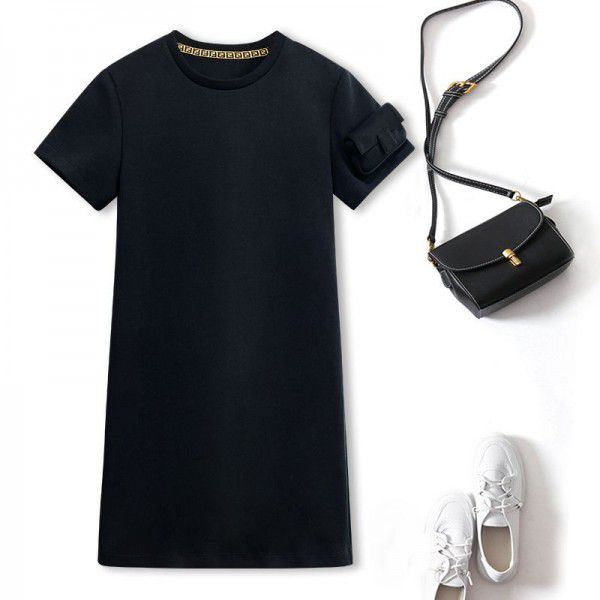 Black Dress Women's Summer New High end Casual Loose Straight Round Neck Short Sleeve T-shirt Skirt