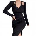 Hollow waist sexy wrap buttocks black knitted dress medium length woolen dress for women