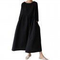 Loose oversized dress for women, Japanese Korean version cotton linen style round neck pullover, solid color over knee length skirt, large swing skirt