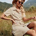 European and American Spring/Summer New Solid Color Polo Collar Single breasted Pocket Short Sleeve Medium Length Loose Women's Dress