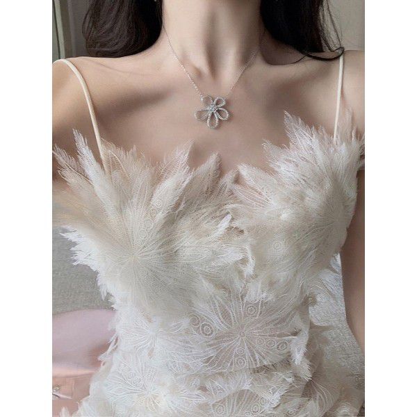 French White Feather Lace Flower Fairy Dress Hanging Dress Hollow out Sexy Waist Wrapped Chiffon Dress First Love Dress