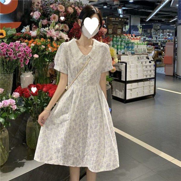 Fragmented floral dress, mid length summer new slim and gentle style, small stature, short sleeved French niche dress