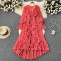 Fashionable and Sexy Solid V-Neck Ruffled Flare Sleeves to hem Dress