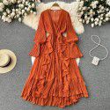 Fashionable and Sexy Solid V-Neck Ruffled Flare Sleeves to hem Dress