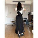 Functional style design with a pleated small slit and elastic waist skirt, fashionable long dress for women