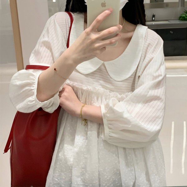 Doll neck white patchwork sweet girl dress flower bud skirt early spring 7/4 sleeve women's short skirt trend 