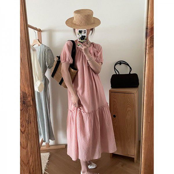 Bubble Sleeves Lace up Dress Women's Summer Korean Version Loose Size Medium Long Dress