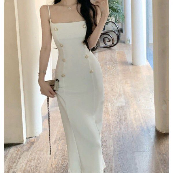 High end feeling new waist pinching women's style suspender dress, pure desire for slimming and slimming, double breasted long buttocks wrapped skirt