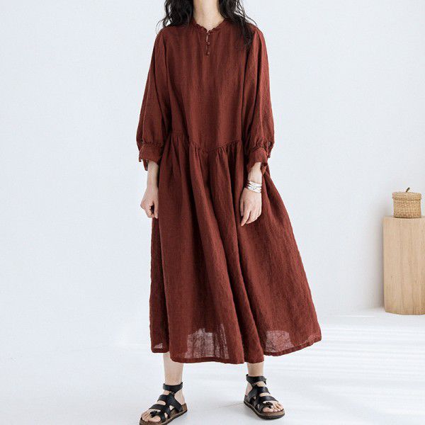 New Women's Yarn-dyed Linen Whitening and Age Reducing 8/4 Sleeve Doll Dress