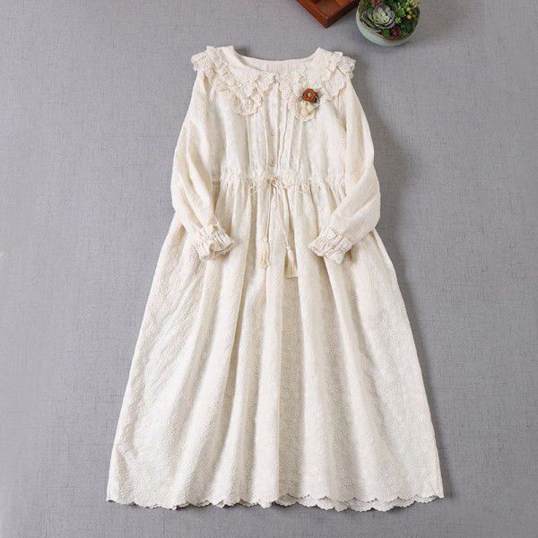 Mori Sweet Girl Lace Heavy Industry Embroidery Dress Japanese Women's Cotton Embroidery Waist Tie Doll Collar