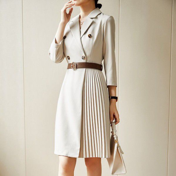 Autumn and Winter New Women's High end Elegance and Temperament Suit Dress Long Sleeve Waist Wrap Show Thin Apricot Pleated Skirt