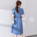 New Summer Small Women's Dress Shows Thin Temperament Polo Neck Blue Denim Shirt Skirt