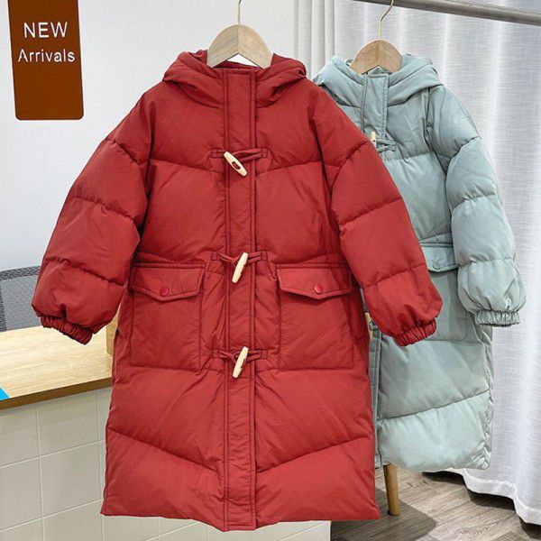 Girls' Children's Down Coat Winter New Korean Edition Girls' Mid length Over Knee Hooded Thickened Children's Coat