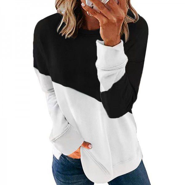 New Contrast Color Long Sleeve Round Neck Contrast Loose Sweater T-shirt Top Women 