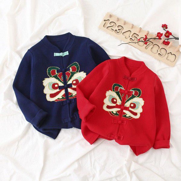 Spring Chinese Children's Unisex Sweater Solid Color Cute Cotton Long Sleeve Tang Suit Collar Baby New Year Cardigan