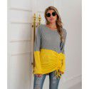 New patchwork knit shirt with drawstring round neck versatile sweater for women in large size