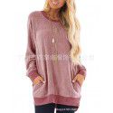 Autumn and winter women's round neck contrast pocket sweater long-sleeved pullover sweatshirt casual T-shirt 