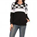 Long Sleeve Plaid Panel Zip Pocket T-shirt Casual Sweater Women's Top 