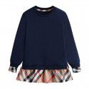 Girls' Spring New Round Neck Plaid Contrast Colored Skirt Hem Pullover Long Sleeve Cotton Sweater Bottom Trendy