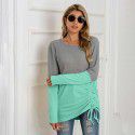 New patchwork knit shirt with drawstring round neck versatile sweater for women in large size