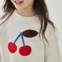 Spring and Summer New Children's Round Neck Sweater Cherry Towel Embroidered White Pullover Top Cotton Girls' Long Sleeves