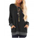 Autumn and winter women's round neck contrast pocket sweater long-sleeved pullover sweatshirt casual T-shirt 