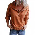 Solid color fleece standing neck zippered sweater for women Amazon hem rubber band casual long sleeved top for women