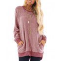 Autumn and winter women's round neck contrast pocket sweater long-sleeved pullover sweatshirt casual T-shirt 