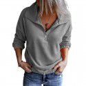 Solid color fleece standing neck zippered sweater for women Amazon hem rubber band casual long sleeved top for women