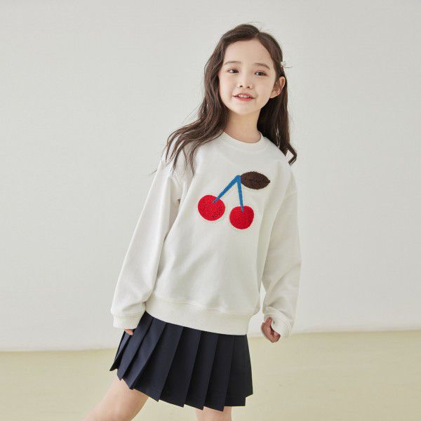 Spring and Summer New Children's Round Neck Sweater Cherry Towel Embroidered White Pullover Top Cotton Girls' Long Sleeves