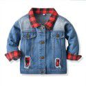 Autumn and Winter Children's Coat New Children's Denim Coat Long sleeved Red and Black Plaid Fake Two Piece Denim Shirt