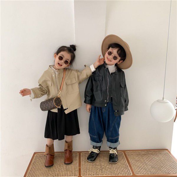 Spring New Korean Children's Leather Coat for Boys and Girls Handsome Motorcycle Leather Coat Jacket Fashion