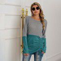 New patchwork knit shirt with drawstring round neck versatile sweater for women in large size