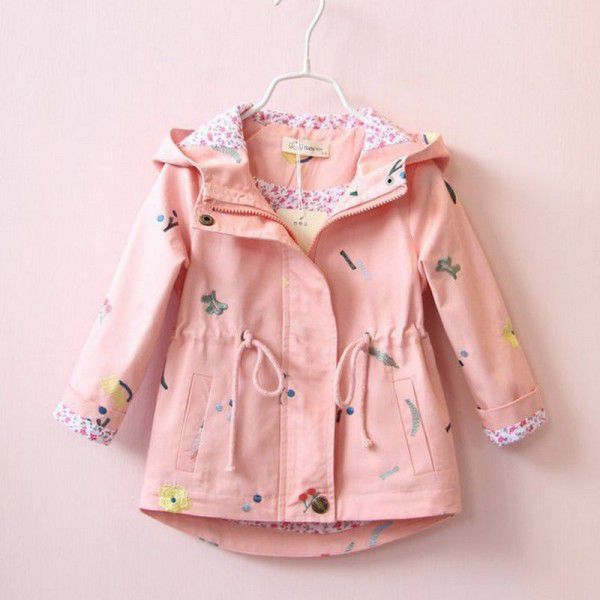 Spring Girls' All Cotton Flower Embroidered Windbreaker Drawstring Hooded Mid length Coat Top