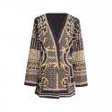 French Vintage Beaded Print Women's Autumn Fashion V-neck Long Sleeve Thickened Mid Length Suit Coat 