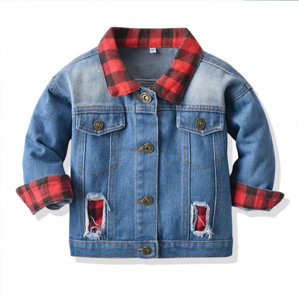 Autumn and Winter Children's Coat New Children's Denim Coat Long sleeved Red and Black Plaid Fake Two Piece Denim Shirt