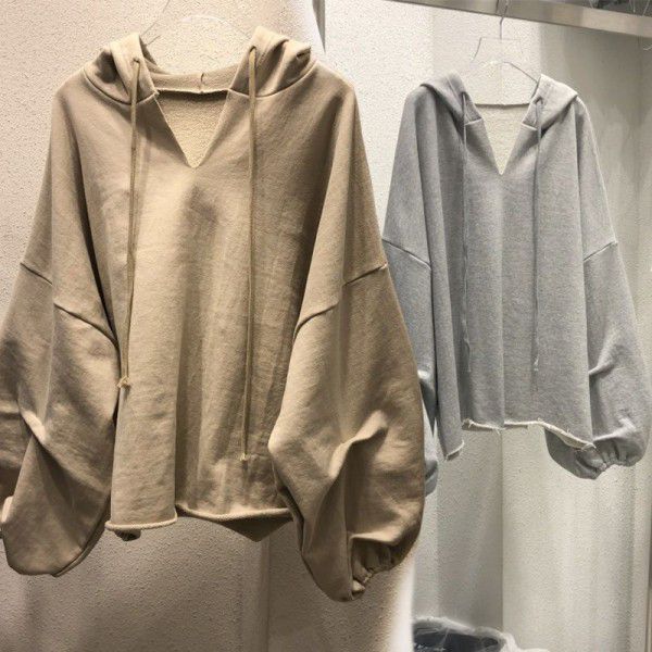 Cotton sweater Women's hooded Spring and Autumn New Thin Loose Korean version Solid V-neck Student Top Women's Wear 