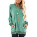 Autumn and winter women's round neck contrast pocket sweater long-sleeved pullover sweatshirt casual T-shirt 