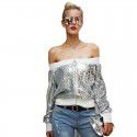 Spring women's zipper silver white jacket sexy one-line neck sequin patchwork jacket casual top 