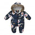 New autumn and winter children's cartoon print climbing clothes one-piece jacket with wool collar and hat for warmth protection 