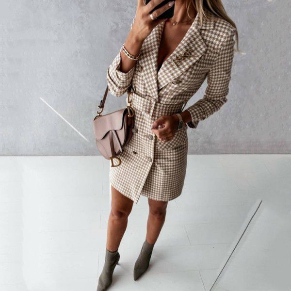 Autumn and Winter New Fashion Long Sleeve Belt Color Suit Dress Coat Girl 