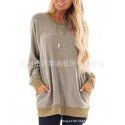 Autumn and winter women's round neck contrast pocket sweater long-sleeved pullover sweatshirt casual T-shirt 